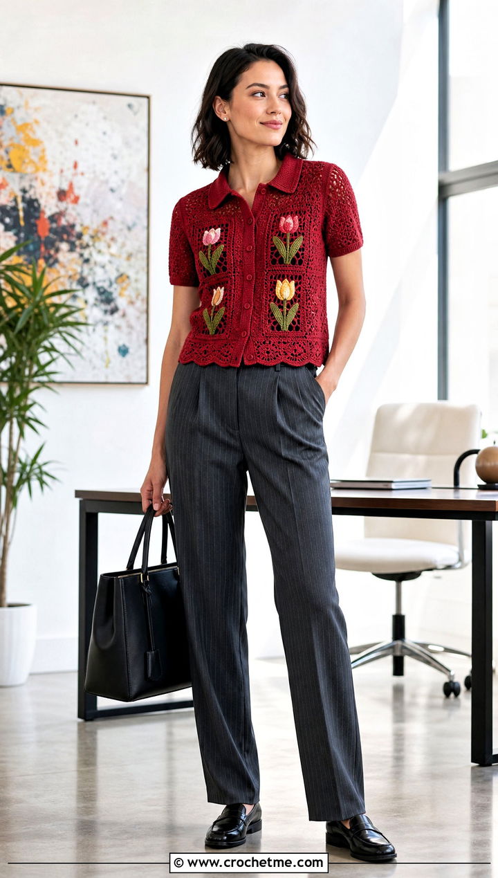 Collared Tulip Crochet Top With Pinstripe Pants - 30 crochet tulip top outfit ideas