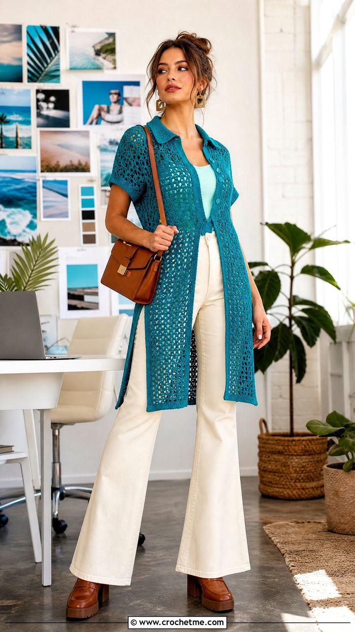Collared Tunic Crochet Cover Up Top With Flared Pants - 35 crochet cover up top outfit ideas