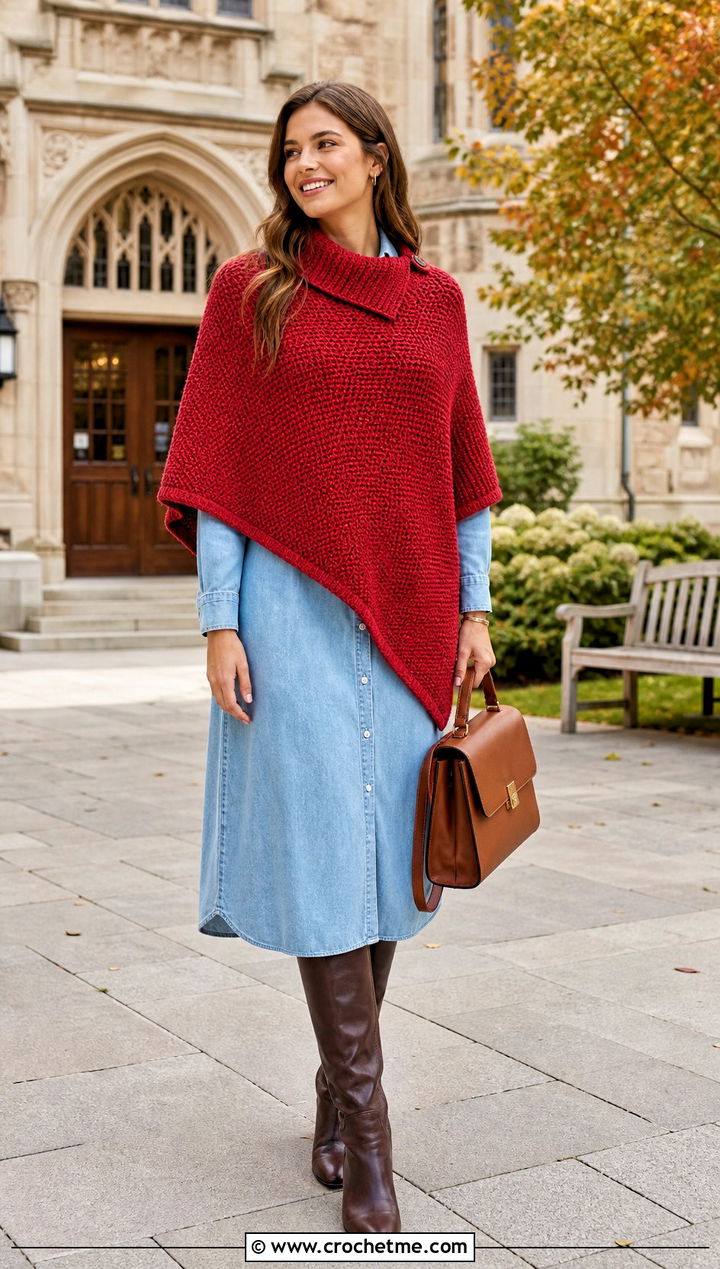 Collared Tunisian Poncho With A Shirt Dress - 30 tunisian crochet poncho outfit ideas