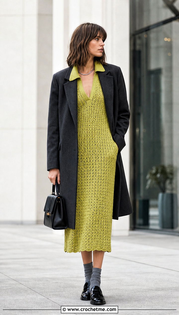 Collared V Neck Crochet Dress With Tailored Coat And Loafers - 25 v neck crochet dress outfit ideas