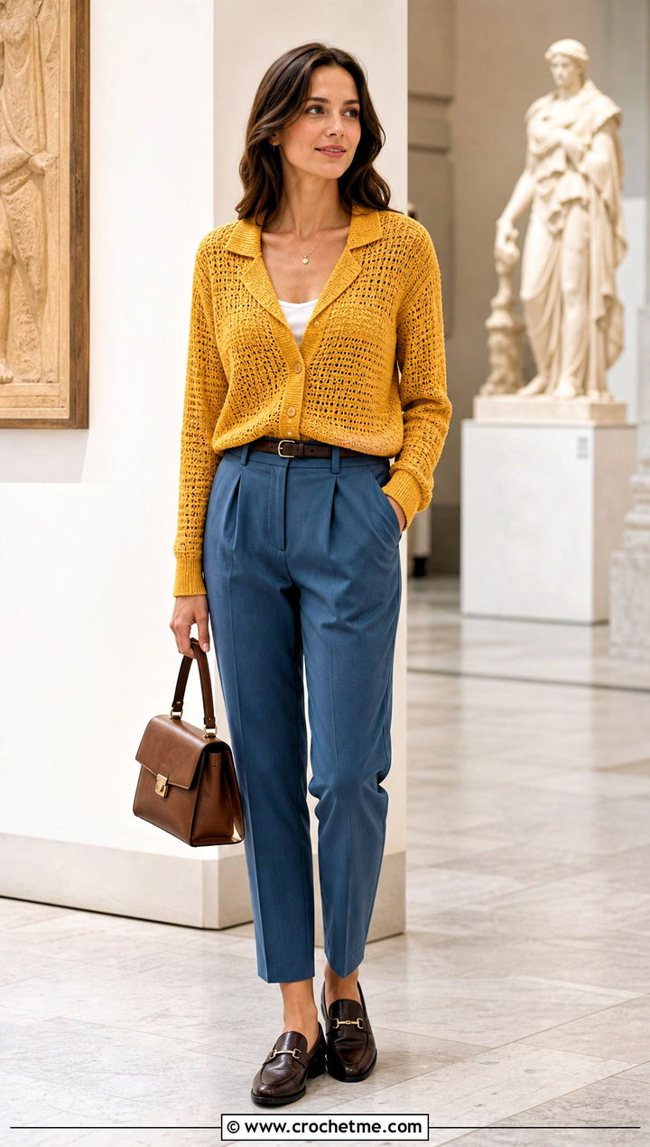 Collared V Stitch Cardigan With Pleated Trousers - 25 Crochet V Stitch Cardigan outfit ideas