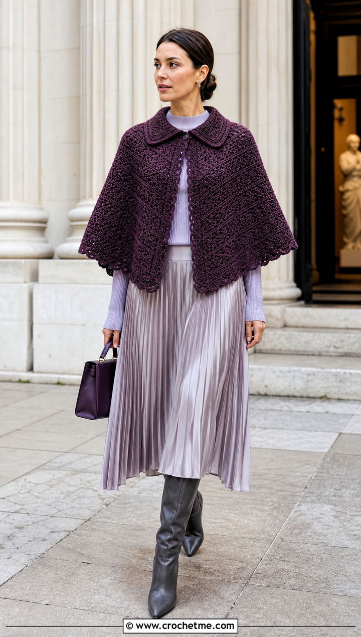 Collared Vintage Crochet Poncho With Pleated Midi Skirt - 15 Vintage Crochet Poncho outfit ideas