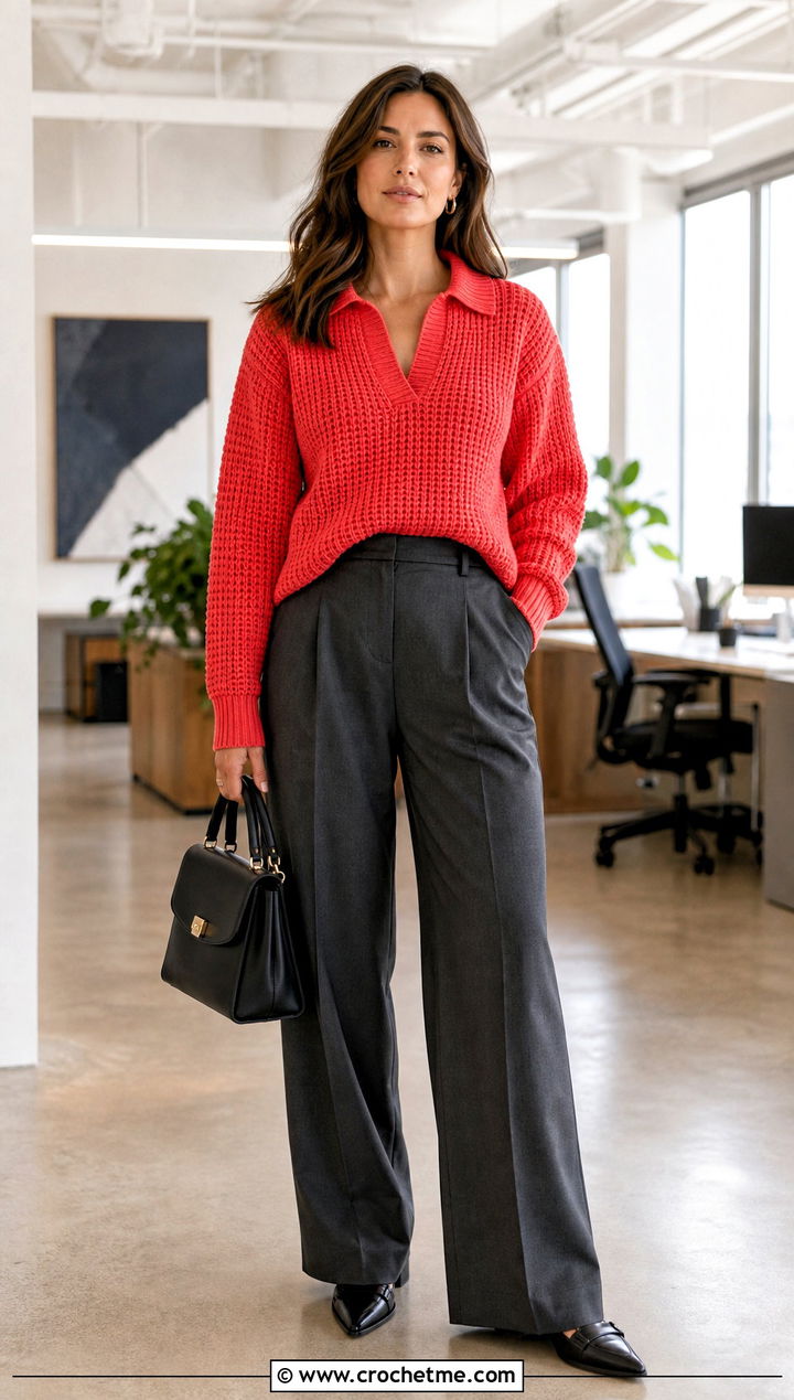 Collared Waffle Stitch Crochet Sweater With Suit Trousers - 30 waffle stitch crochet sweater outfit ideas
