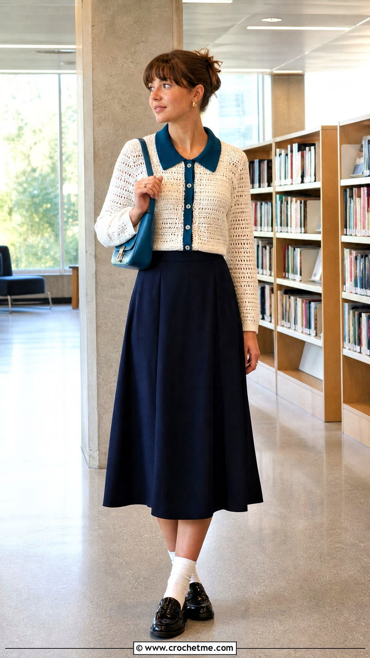 Collared White Crochet Cardigan With A Line Skirt - 35 White Crochet Cardigan Outfit ideas