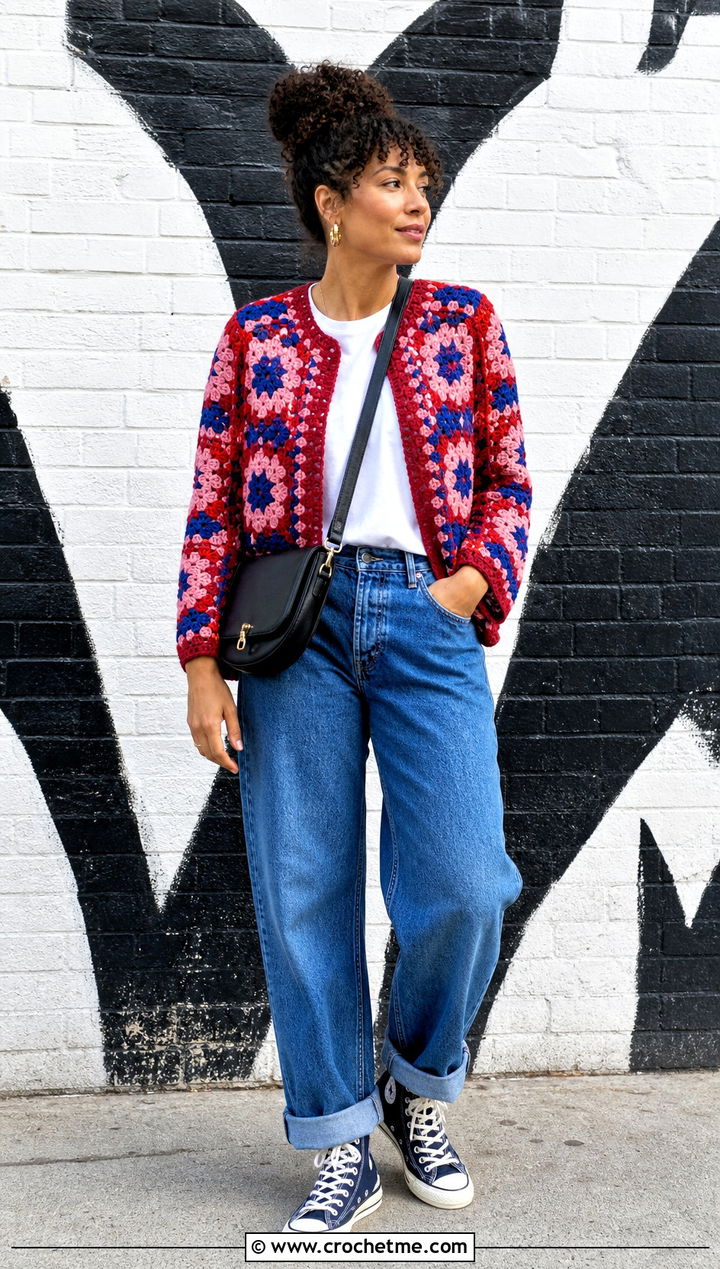Collarless African Flower Crochet Cardigan With Graphic Tee And Denim - 30 african flower crochet cardigan outfit ideas