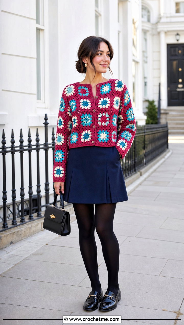 Collarless African Flower Granny Square Cardigan With Mini Skirt - 30 african flower granny square cardigan outfit ideas