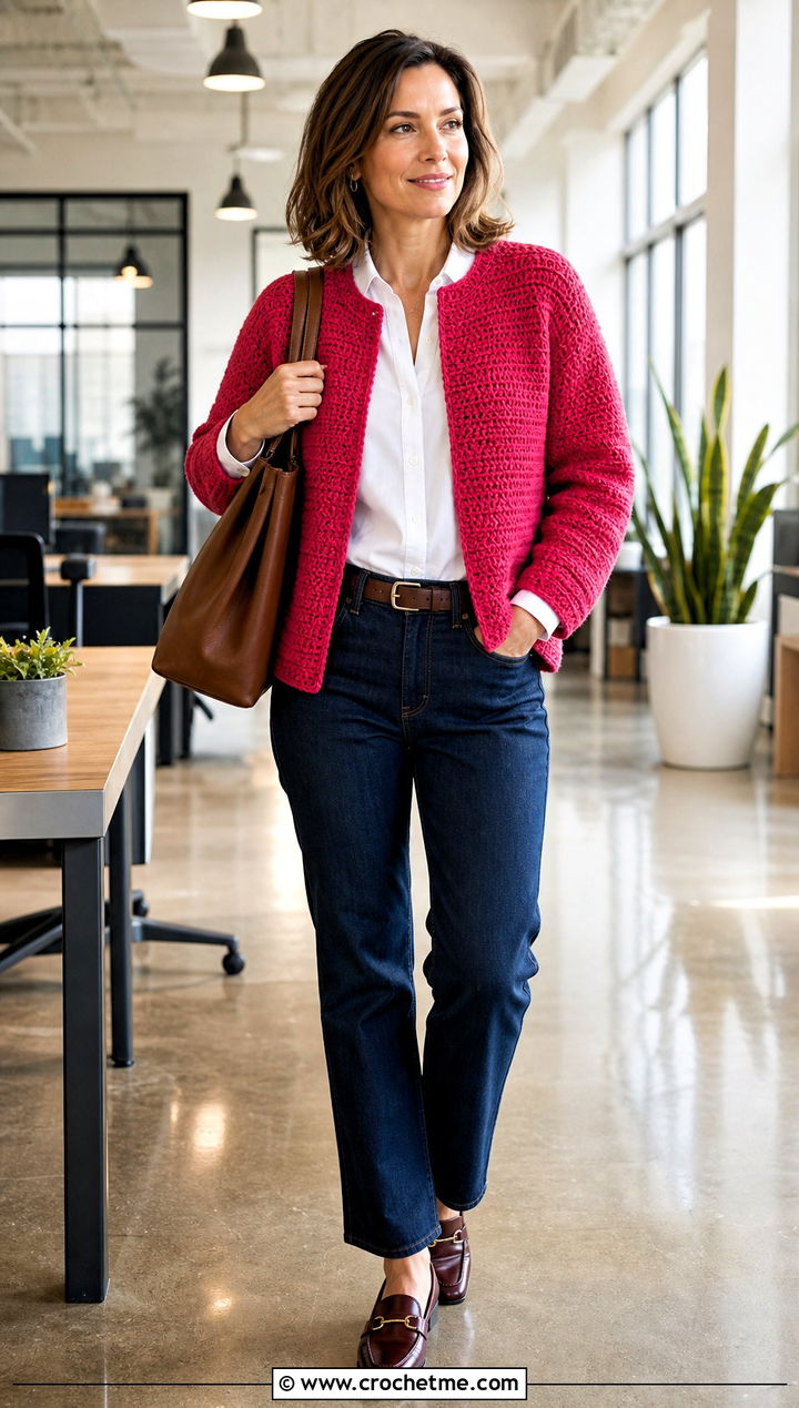 Collarless Alpine Stitch Crochet Cardigan With Button Down Shirt - 25 Alpine Stitch Crochet Cardigan outfit ideas