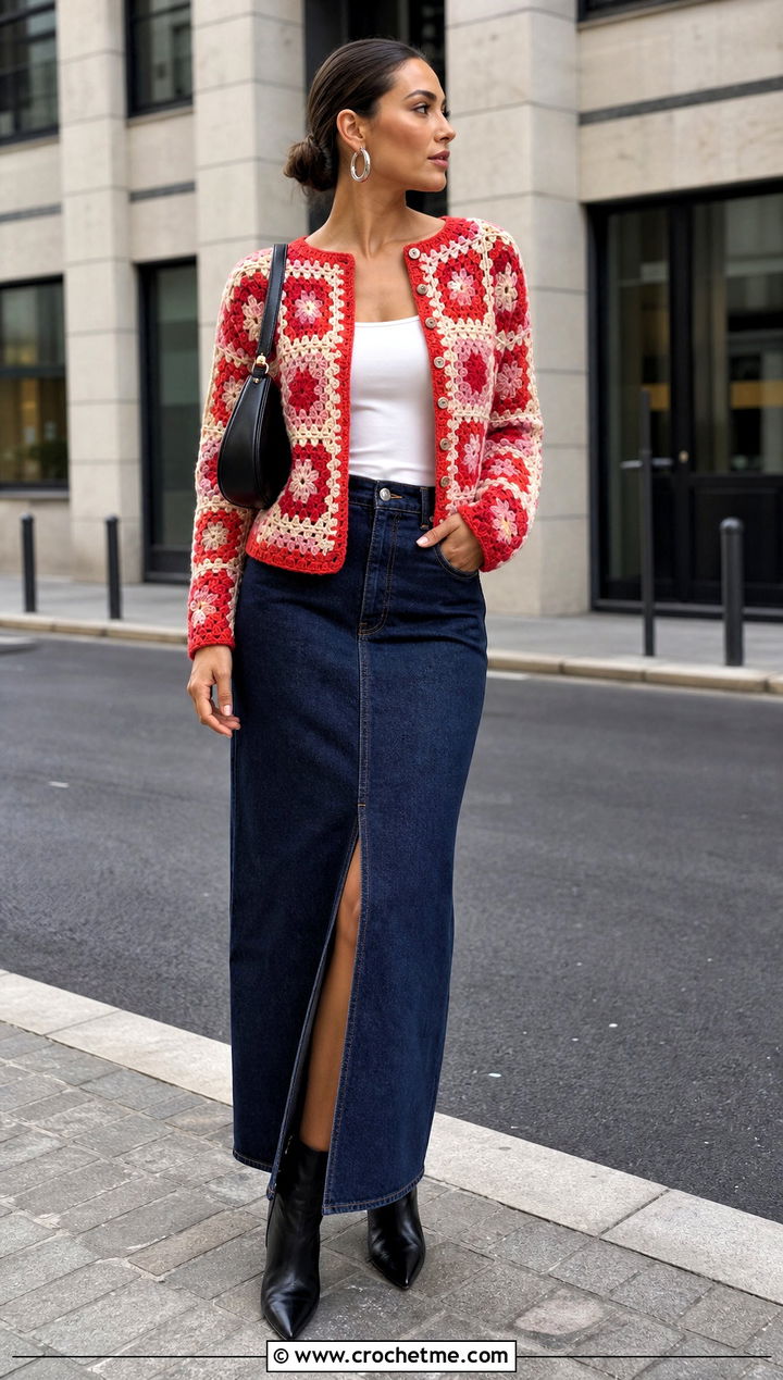Collarless Checkered Granny Square Cardigan With Denim Maxi Skirt - 25 checkered granny square cardigan outfit ideas