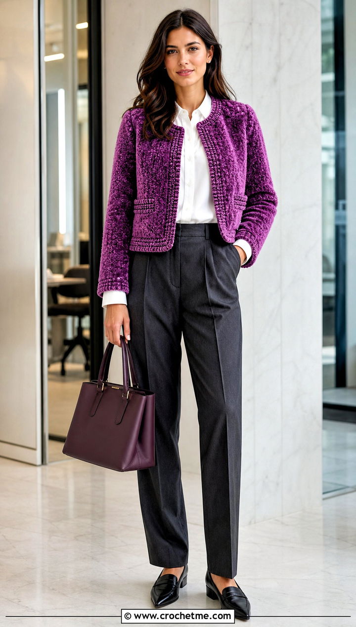 Collarless Chenille Crochet Fur Jacket With Tailored Trousers - 30 crochet fur jacket outfit ideas