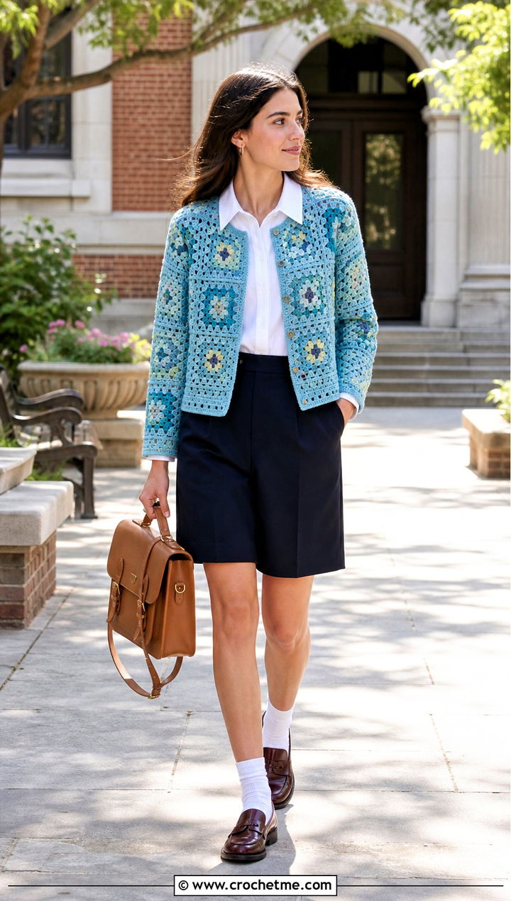 Collarless Continuous Granny Square Cardigan With A Poplin Shirt - 25 continuous granny square cardigan outfit ideas