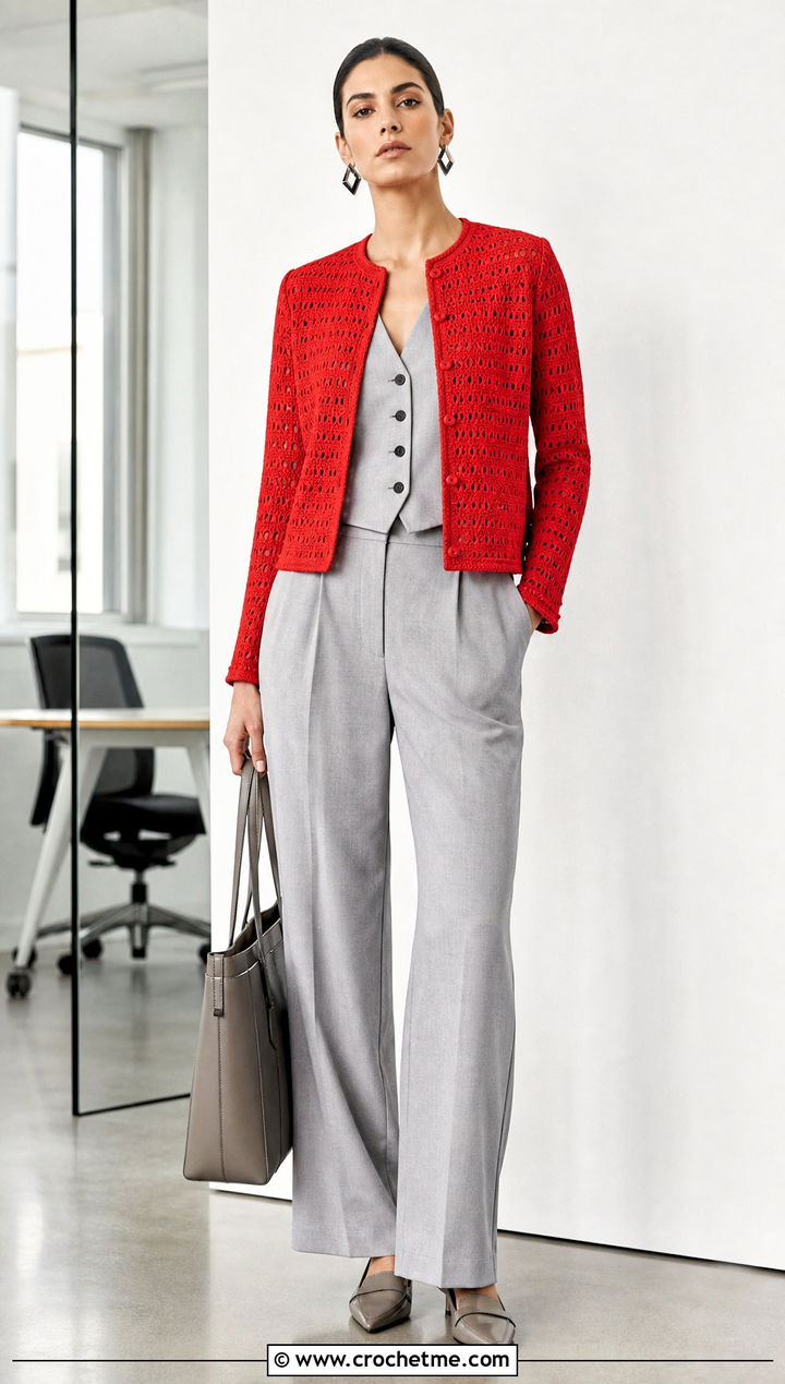 Collarless Crochet Bed Jacket With Matching Suit - 25 Crochet Bed Jackets outfit ideas