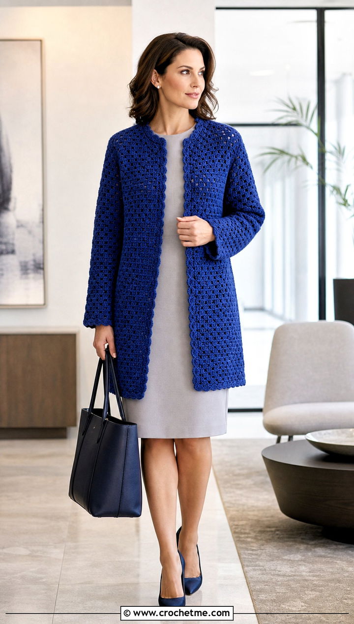 Collarless Crochet Blanket Jacket With Sheath Dress - 25 crochet blanket jacket outfit ideas