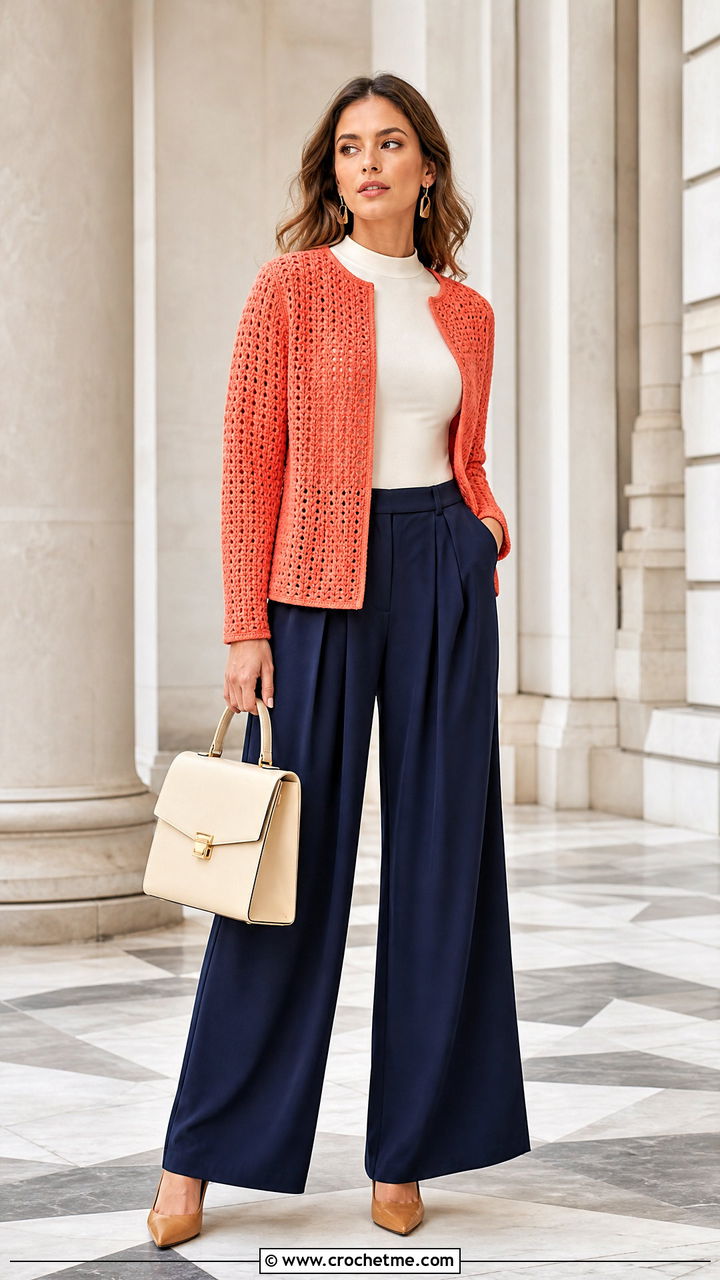 Collarless Crochet Blazer With Wide Leg Trousers - 35 crochet blazer outfit ideas