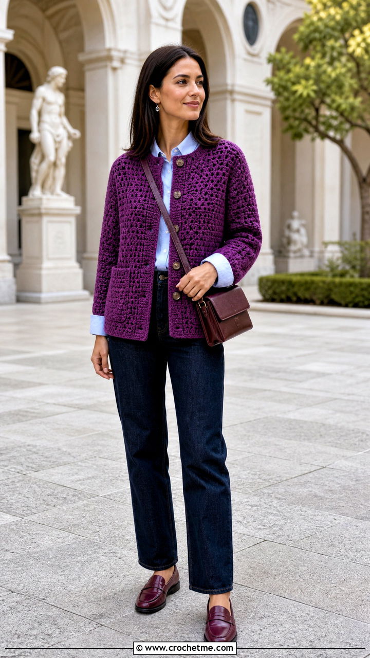 Collarless Crochet Bog Jacket With Button Down Shirt - 35 Crochet Bog Jacket outfit ideas
