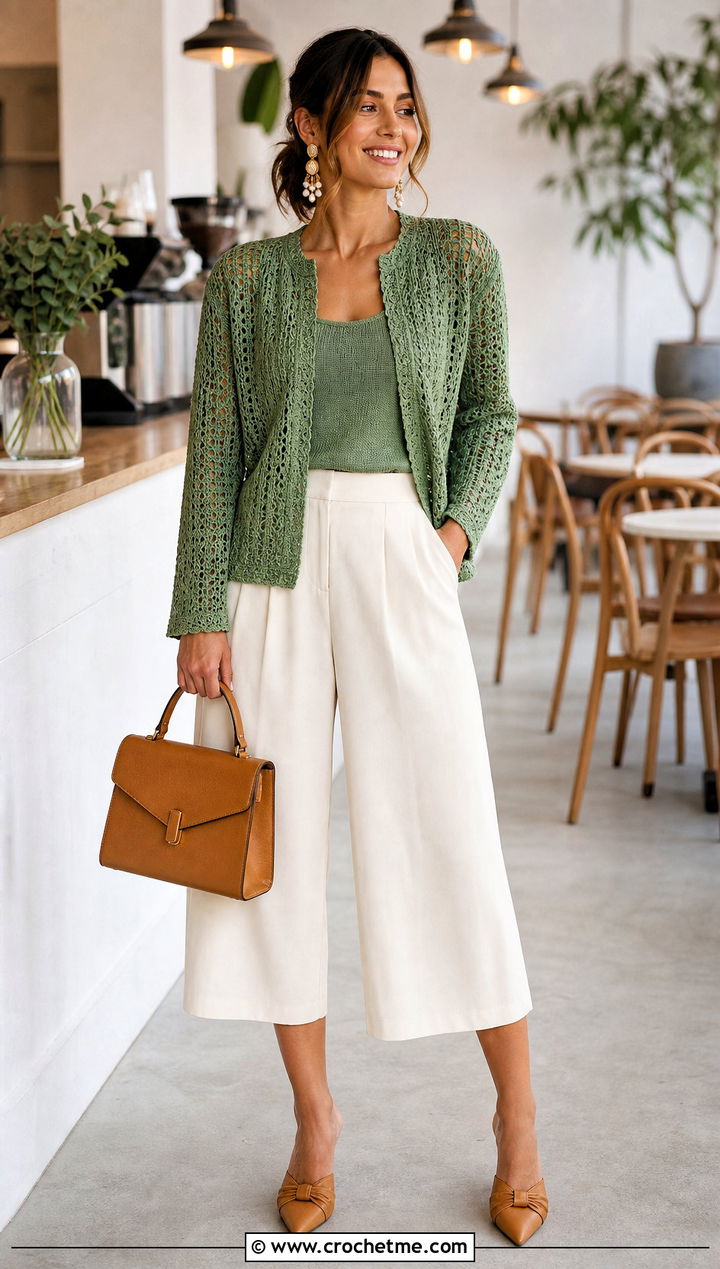 Collarless Crochet Cardigan With Matching Tank And Culottes - 30 loose crochet cardigan outfit ideas