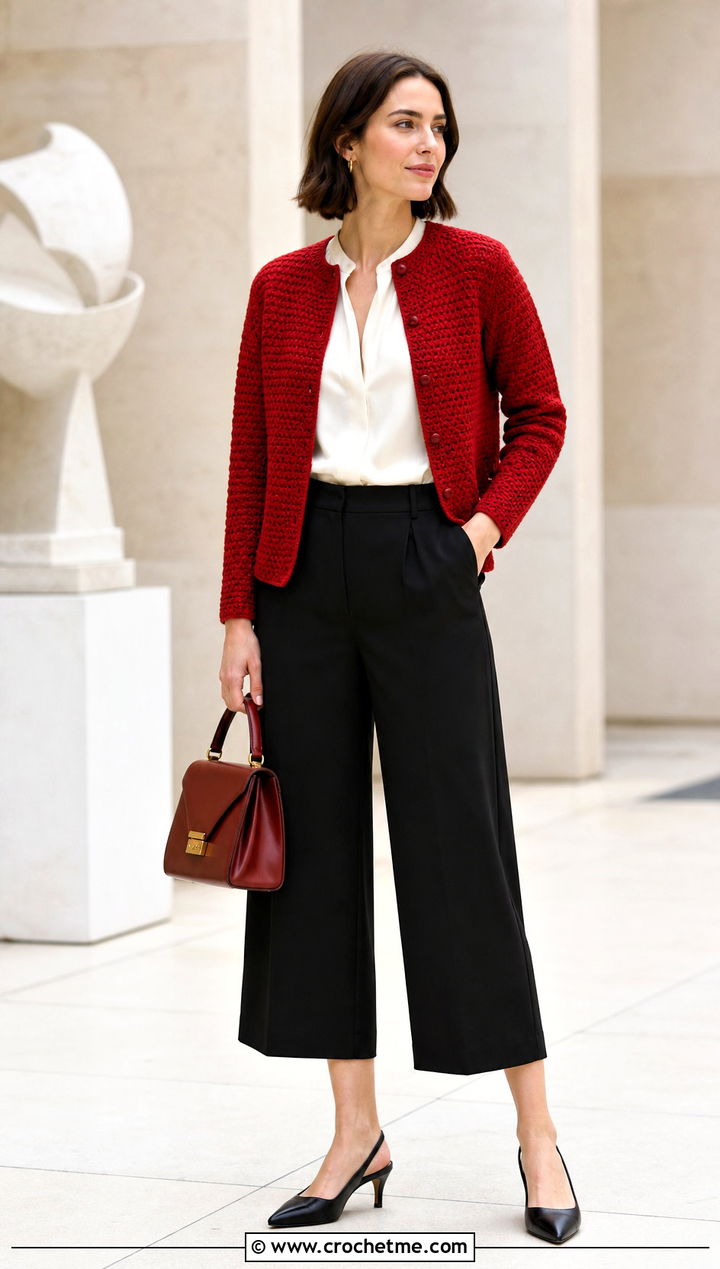 Collarless Crochet Cardigan With Silk Blouse And Culottes - 25 elegant crochet cardigan outfit ideas