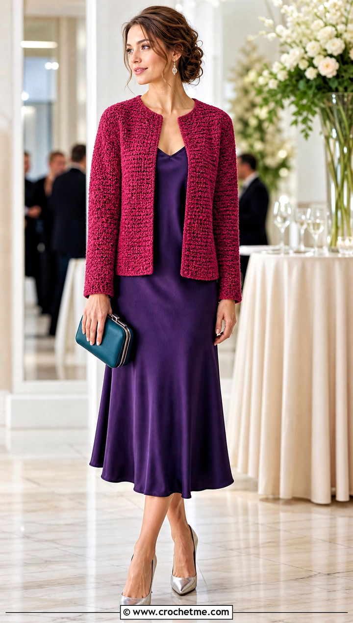 Collarless Crochet Chenille Cardigan With Slip Dress - 30 crochet chenille cardigan outfit ideas