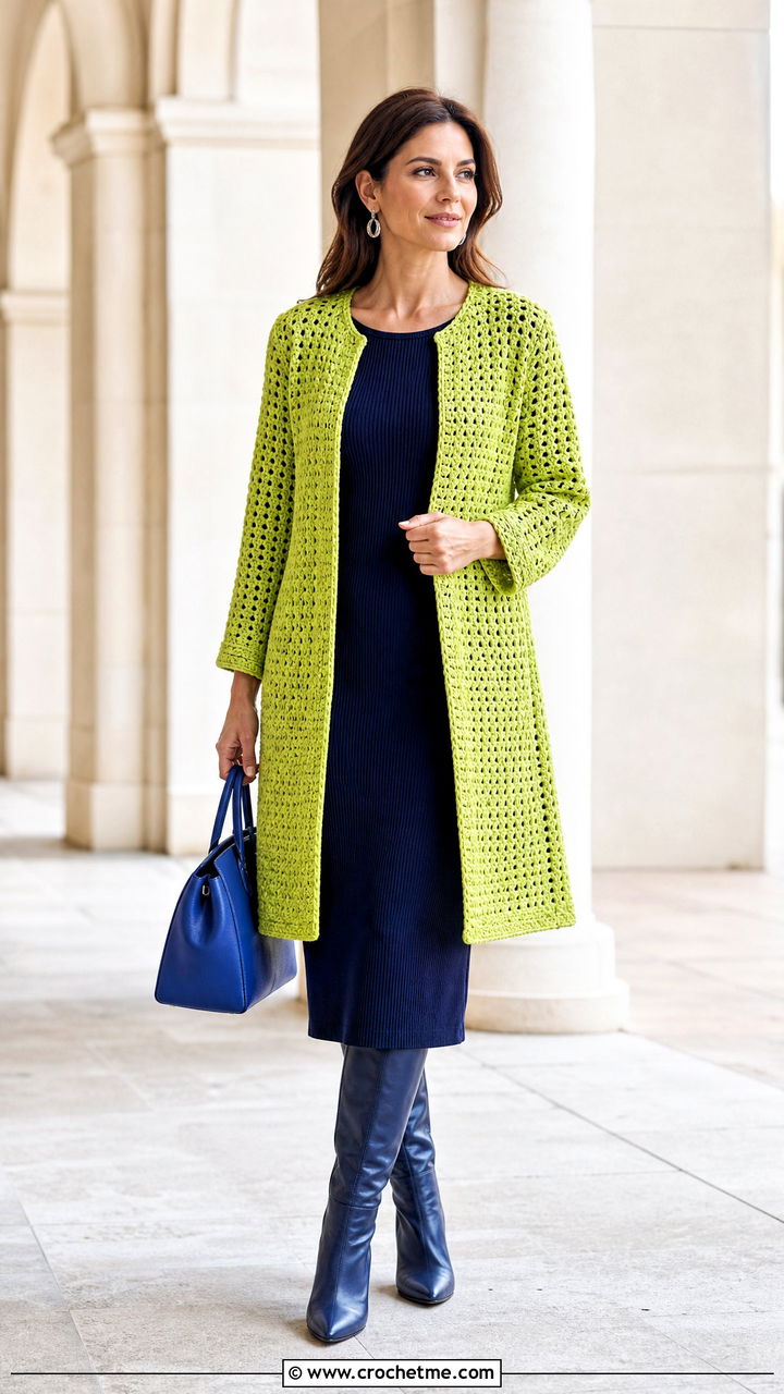 Collarless Crochet Coat With Knit Midi Dress - 35 crochet coat outfit ideas