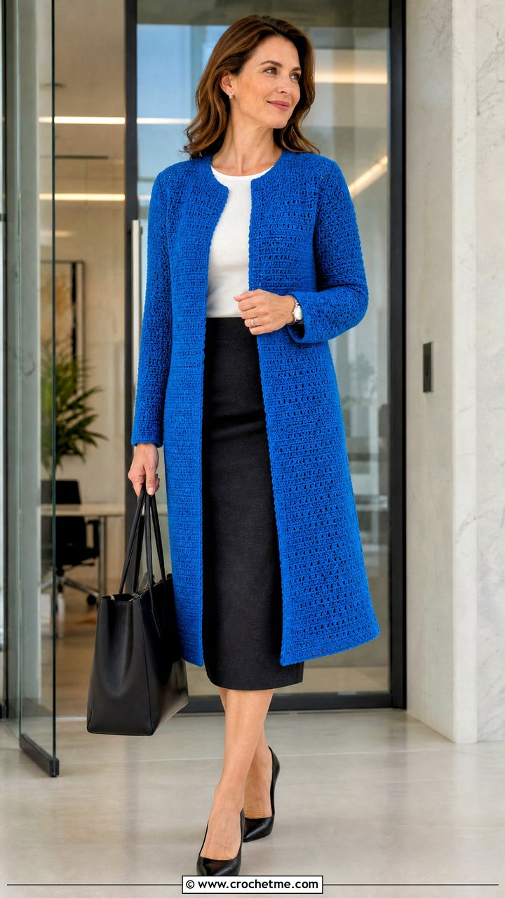 Collarless Crochet Coat With Pencil Skirt - 35 crochet coats outfit ideas
