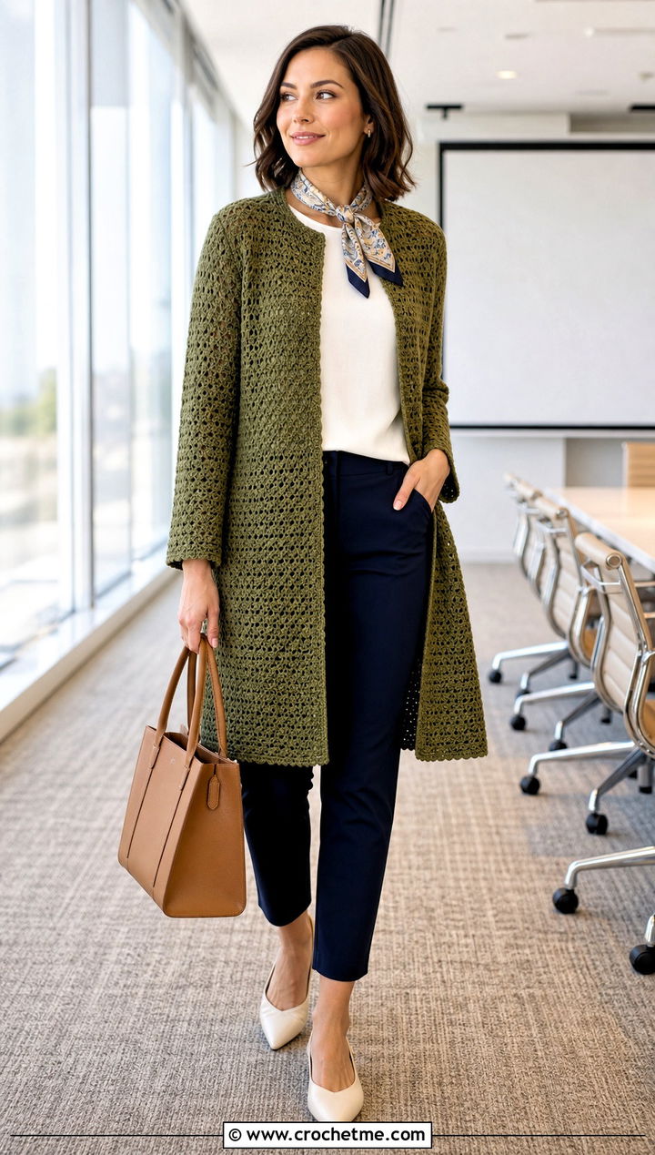 Collarless Crochet Coatigan With Ankle Pants - 30 women crochet coat outfit ideas