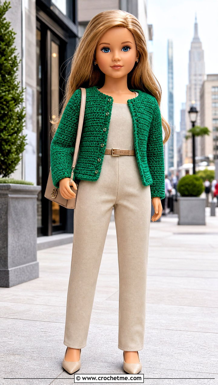 Collarless Crochet Doll Jacket With A Jumpsuit - 30 crochet doll jacket outfit ideas