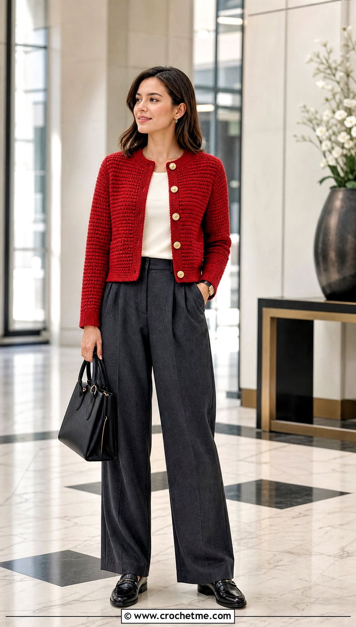 Collarless Crochet Jacket Cardigan With Pleated Trousers - 15 Crochet Shirt Sweaters & Cardigans outfit ideas