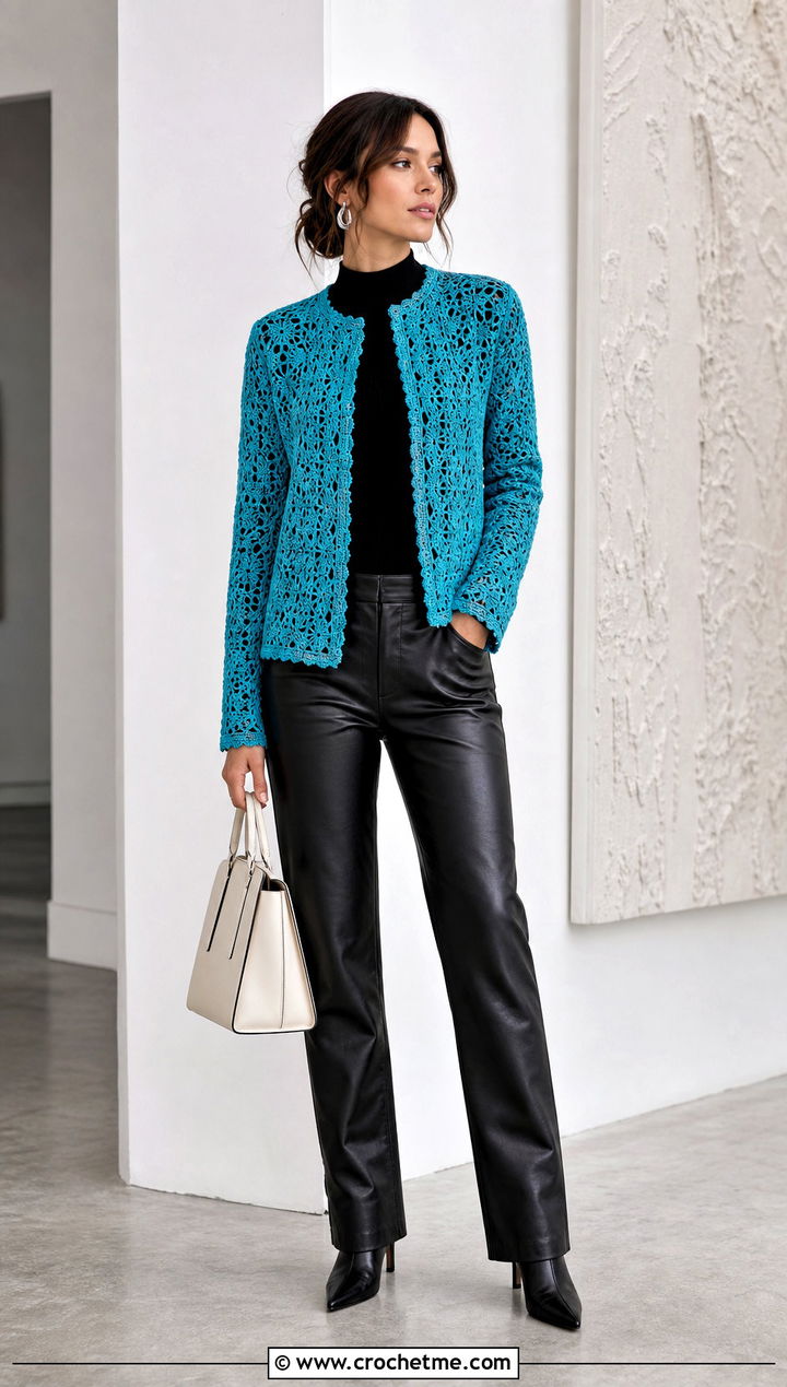 Collarless Crochet Jacket With Leather Pants - 20 Lacy Crochet Jacket outfit ideas