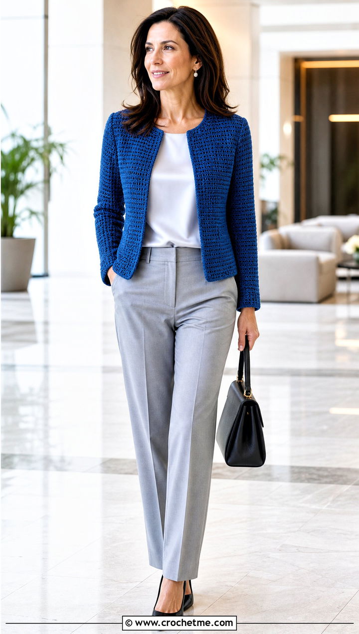 Collarless Crochet Jacket With Matching Trousers - 15 crochet jacket for beginners outfit ideas