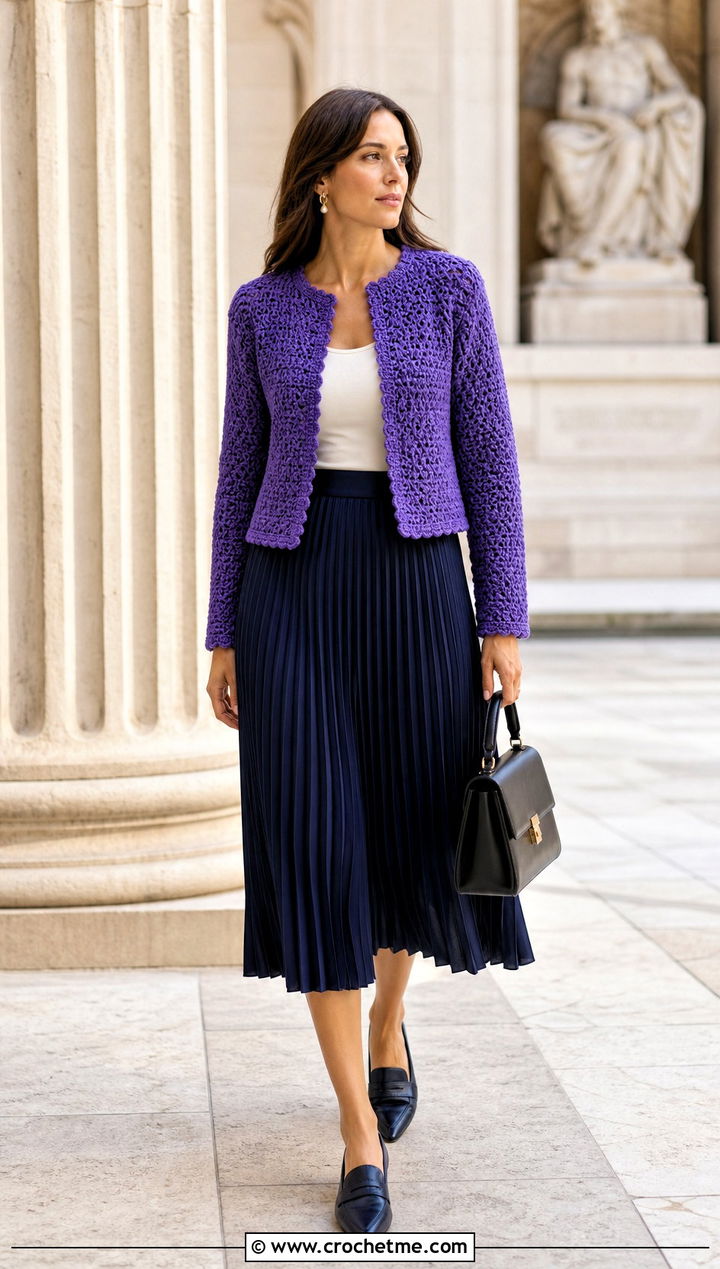 Collarless Crochet Jacket With Pleated Midi Skirt - 20 crochet jacket for ladies outfit ideas