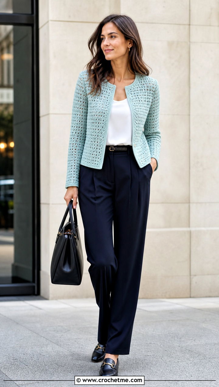 Collarless Crochet Jacket With Pleated Trousers - 25 crochet clothes jacket outfit ideas