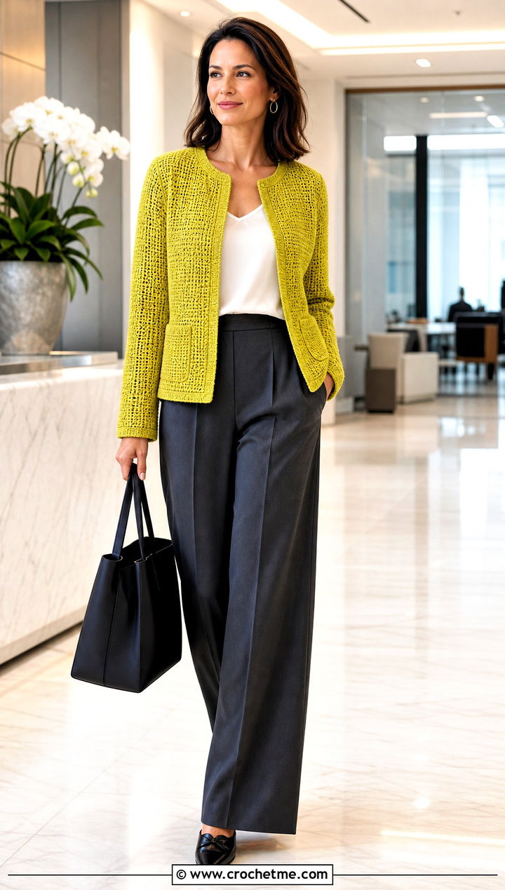 Collarless Crochet Jacket With Wide Leg Trousers - 25 crochet jacket for women outfit ideas