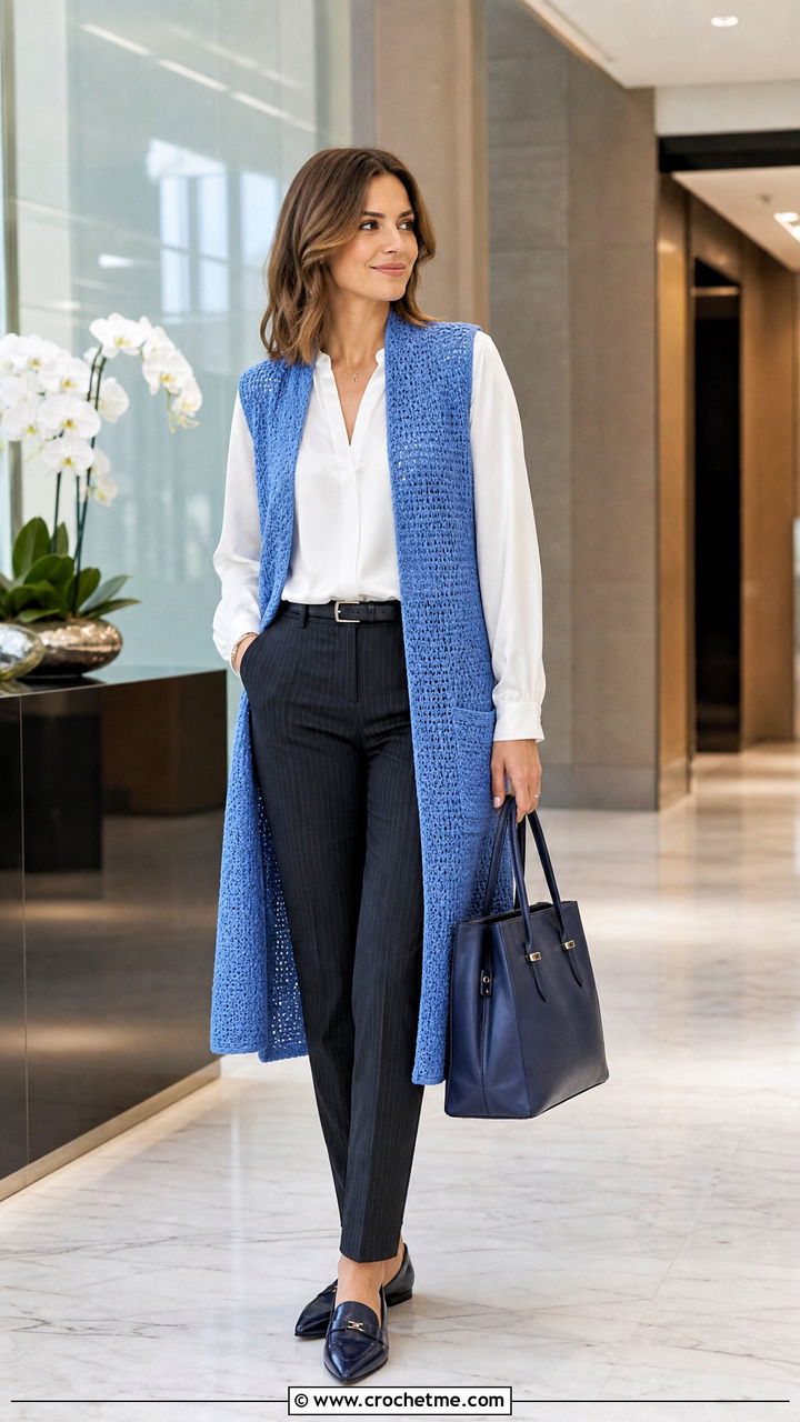 Collarless Crochet Long Vest With Pinstripe Trousers - 35 Crochet Long Vest outfit ideas