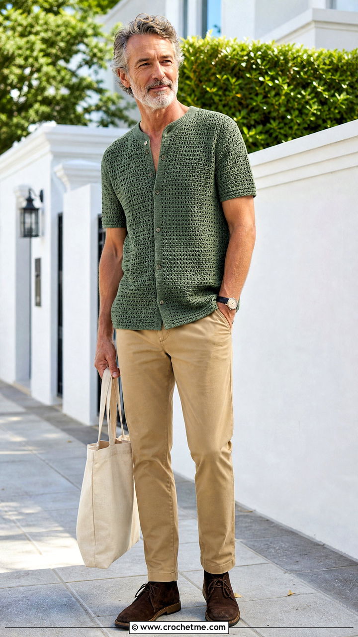 Collarless Crochet Shirt With Tapered Chinos - 35 crochet shirt men outfit ideas