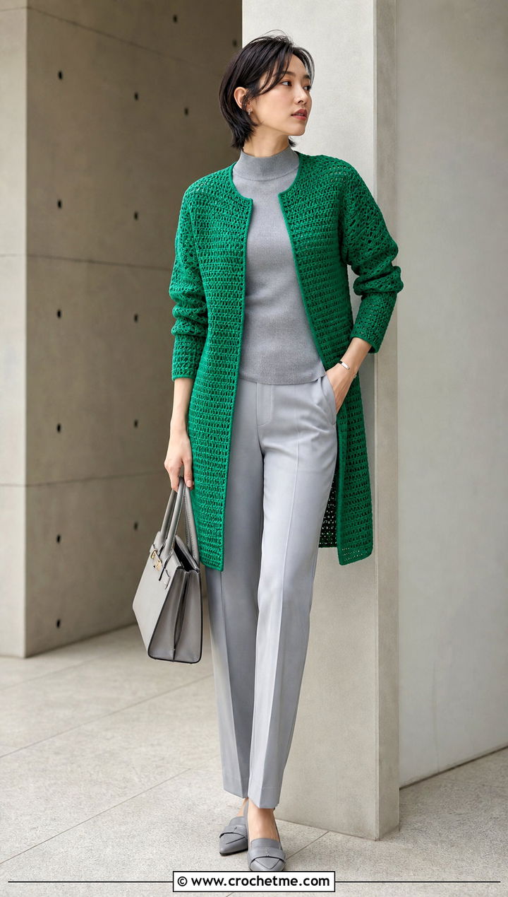 Collarless Crochet Sweater Coat With Monochrome Separates - 30 crochet long cardigan sweater coats outfit ideas