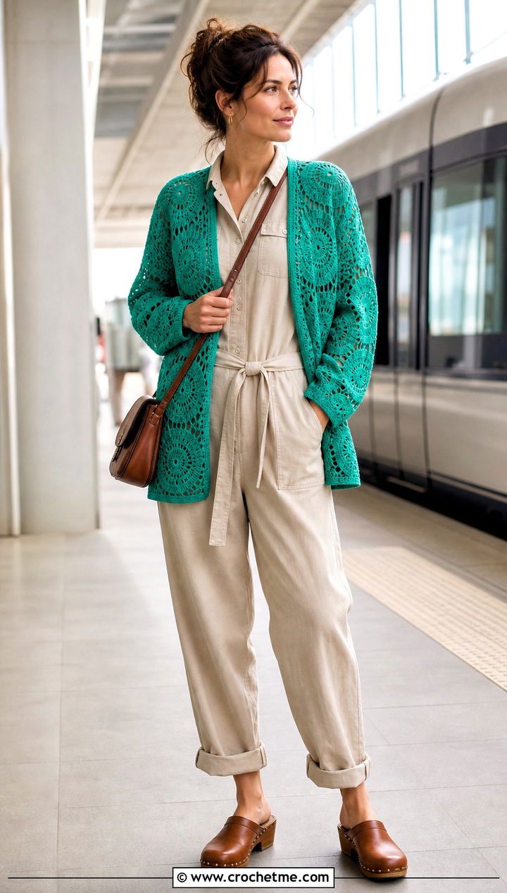 Collarless Dream Catcher Cardigan With Utility Jumpsuit - 25 dream catcher crochet cardigan outfit ideas