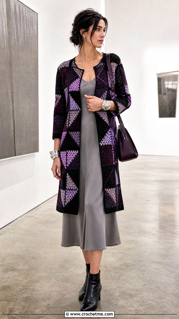 Collarless Geometric Patchwork Cardigan With Slip Dress - 35 crochet patchwork cardigan outfit ideas