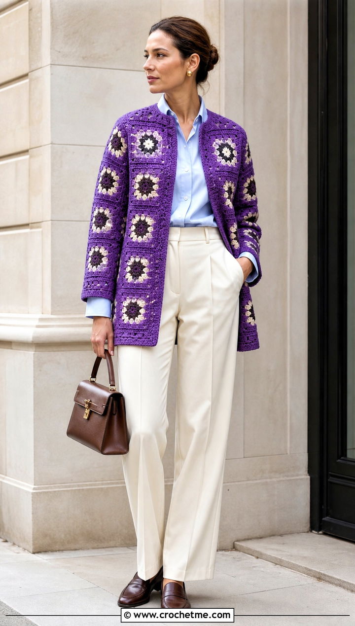 Collarless Granny Square Car Coat With Pleated Trousers - 15 Granny Square Car Coat outfit ideas