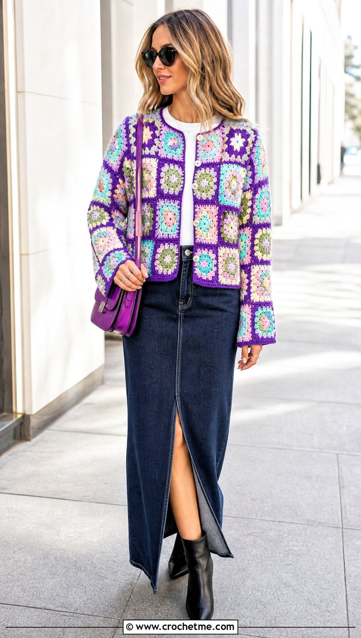 Collarless Granny Square Cardigan With Denim Maxi Skirt - 25 pastel granny square cardigan outfit ideas