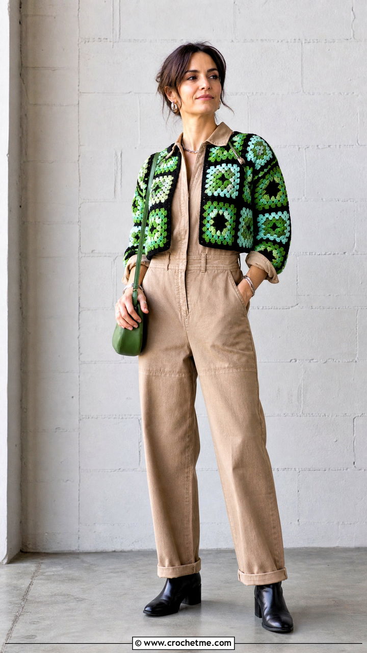 Collarless Granny Square Cardigan With Utility Jumpsuit - 35 crochet granny square cardigan outfit ideas