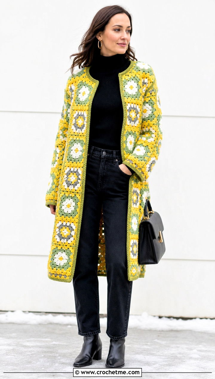 Collarless Granny Square Crochet Coat With Turtleneck And Jeans - 25 Granny Square Crochet Coat outfit ideas