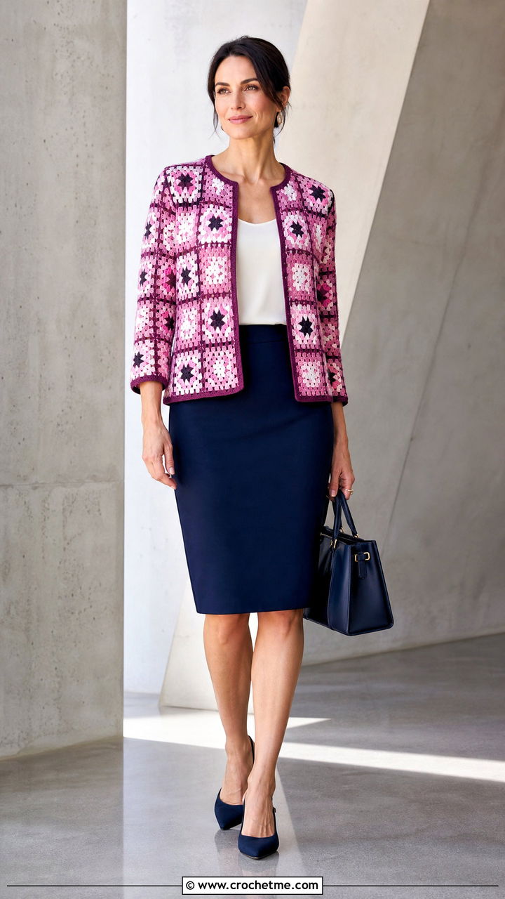 Collarless Granny Square Jacket With Pencil Skirt - 35 granny square jacket outfit ideas
