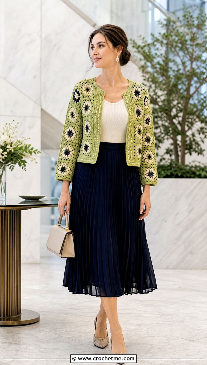 Collarless Granny Square Jacket With Pleated Skirt - 30 granny square jackets outfit ideas