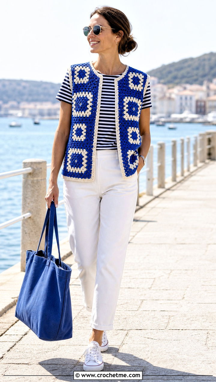 Collarless Granny Square Open Vest With Striped T Shirt - 25 granny square open vest outfit ideas