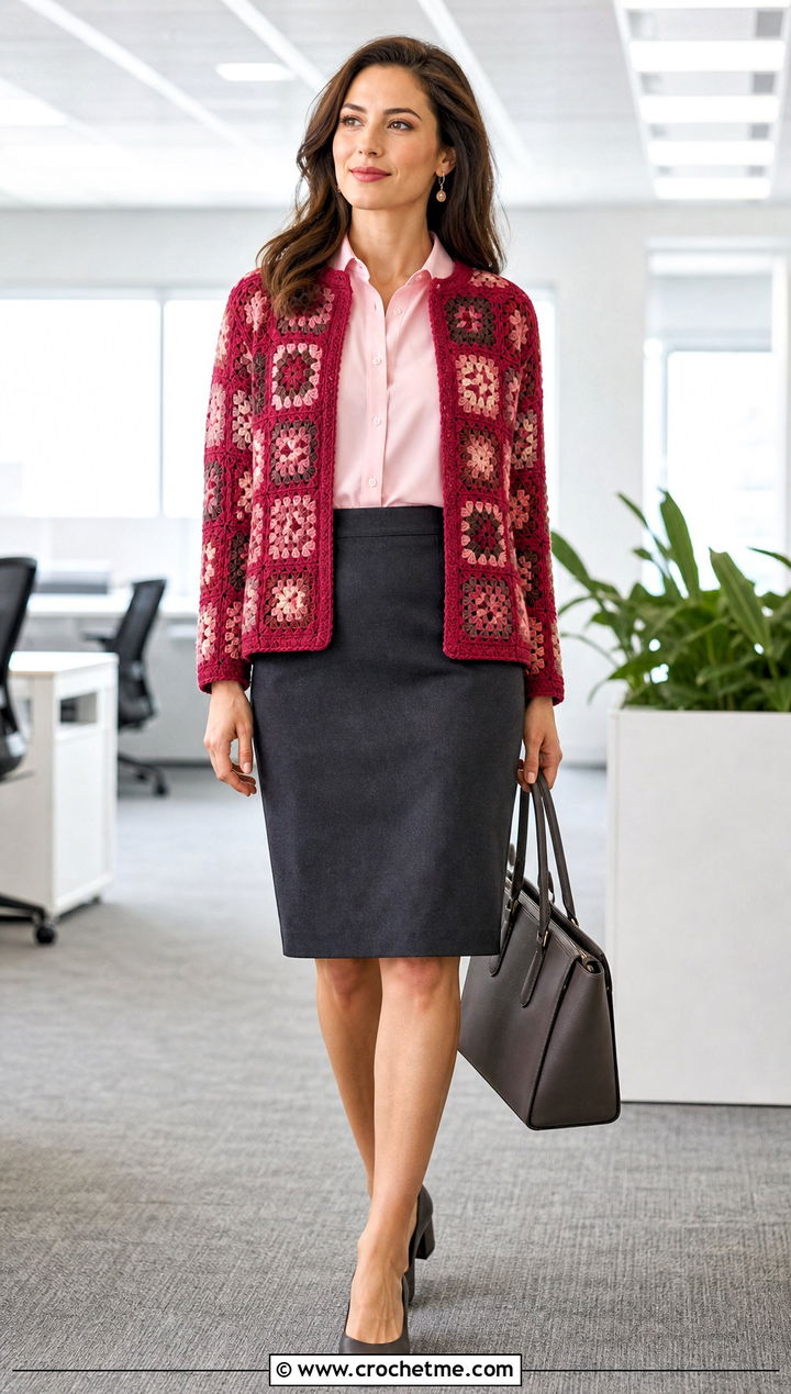 Collarless Granny Square Patchwork Cardigan With Pencil Skirt - 30 Granny Square Patchwork Cardigan outfit ideas