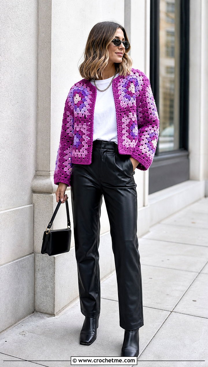 Collarless Granny Square Puffer Jacket With Leather Pants - 15 granny square puffer jacket outfit ideas