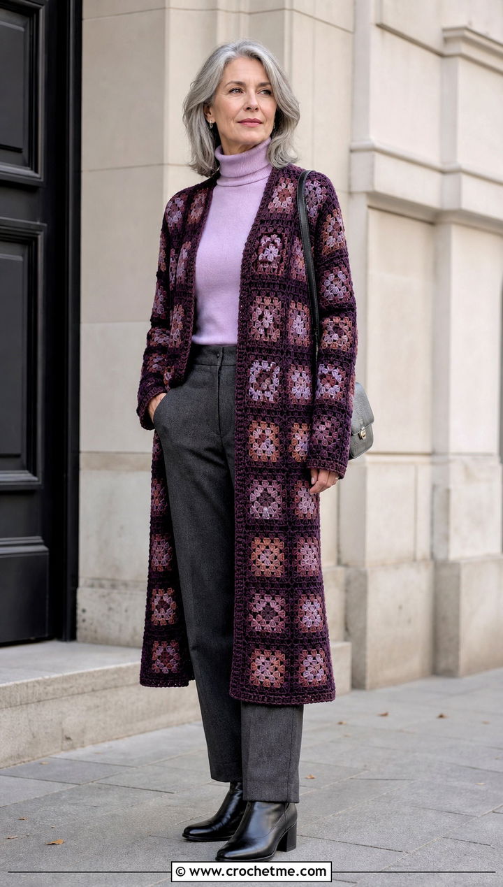 Collarless Granny Square Robe With Turtleneck - 20 granny square robe outfit ideas