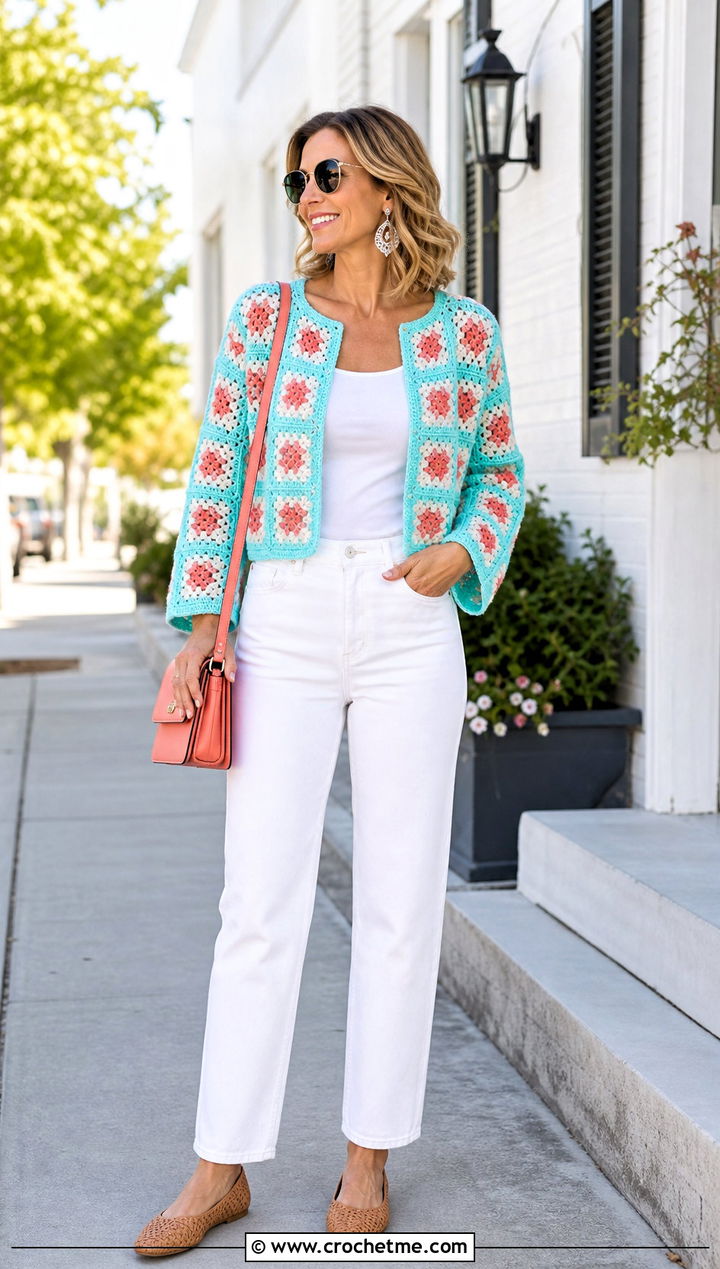 Collarless Granny Square Summer Cardigan With White Jeans - 30 granny square summer cardigan outfit ideas