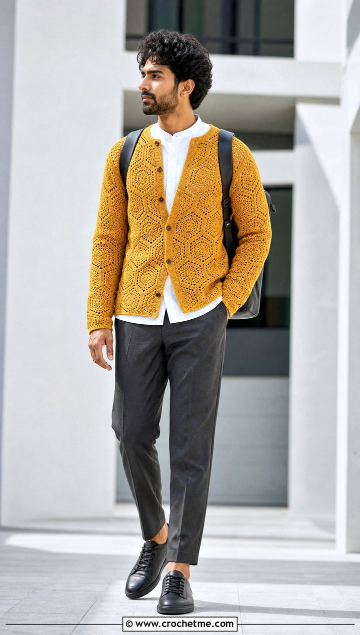 Collarless Hexagon Crochet Cardigan With Band Collar Shirt - 35 men hexagon crochet cardigan outfit ideas