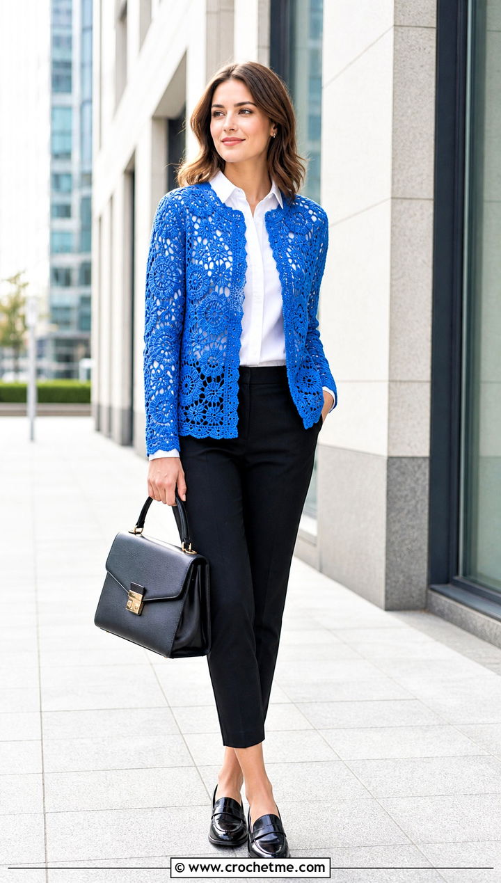 Collarless Irish Crochet Cardigan With Button Down Shirt - 25 Irish Crochet Cardigan outfit ideas