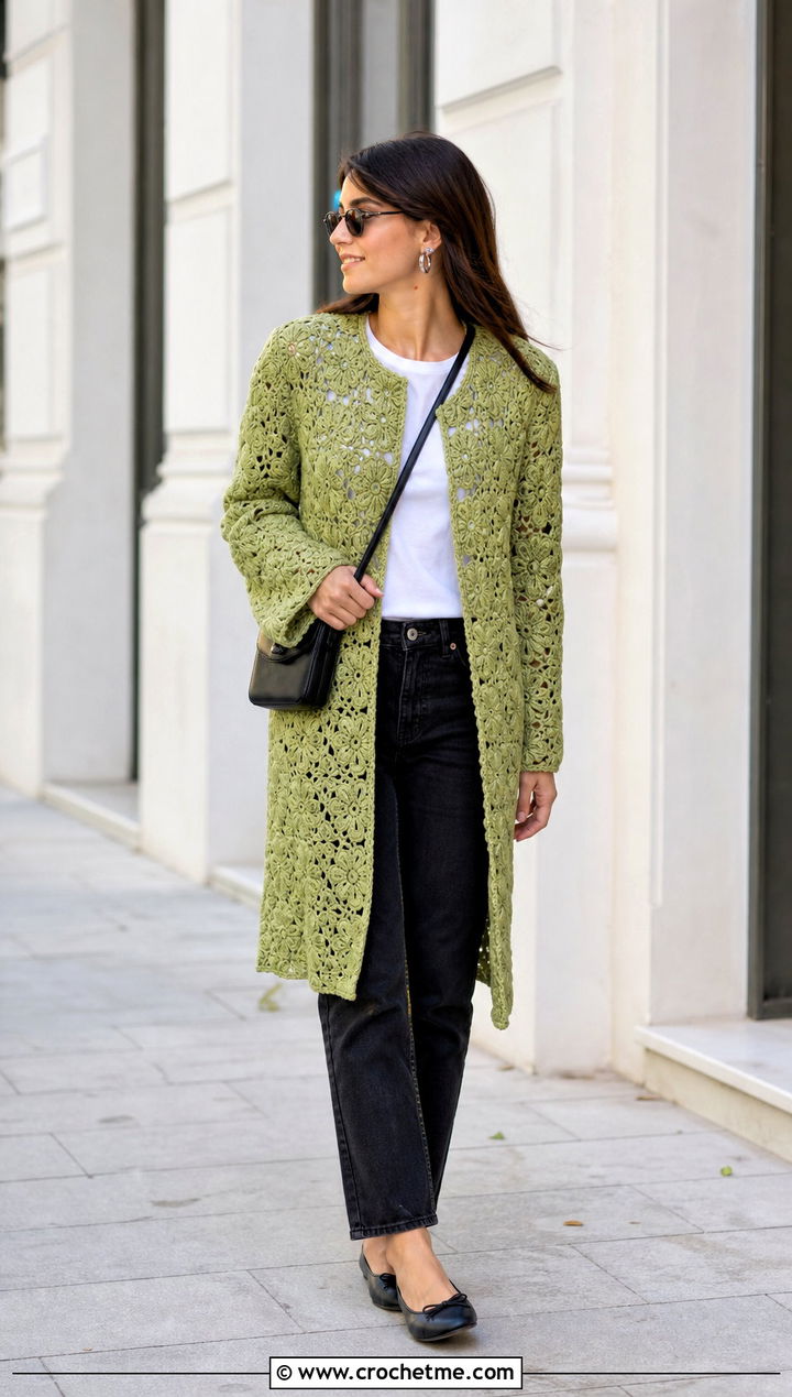 Collarless Irish Crochet Coat With Black Jeans - 25 irish crochet coat outfit ideas